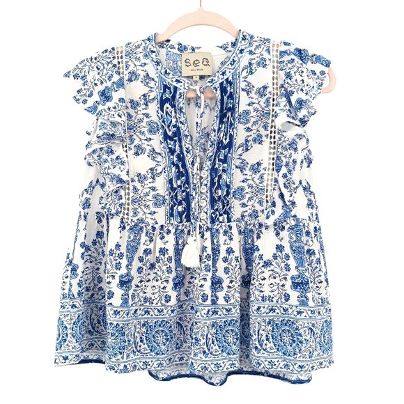 Sea New York Blue White Floral Ruffle Top Size 2 Tassel Tie Babydoll - Picture 1 of 9